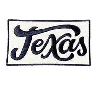 Hey Mountains Texas Embroidered Patch, Iron-On or Sew-On, Navy Blue and White, Rectangular, 4 x 2.26 Inches