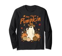 Hey There Pumpkin Cute Ghost Leopard Hat Fall Coffee Vibes Long Sleeve T-Shirt
