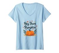 Hey There Pumpkin Fall Autumn Leaves Cute Greeting V-Neck T-Shirt, Women, Baby Blue, XXL
