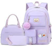 Hey Yoo School Backpack for Girls Backpack with Lunch Box Teen Girl Backpack Set Cute School Bag Bookbag for Teen Girls, Purple, L, Cute