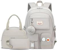 Hey Yoo School Backpack for Girls Backpack with Lunch Box Teen Girl Backpack Set Cute School Bag Bookbag for Teen Girls, Grey, L, Cute