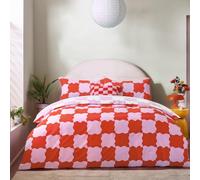Heya Home Checkerboard Reversible Duvet Cover Set (Pink/Red - King) | Bold Wiggle Check Print Vibrant Tonal Palette Contrasting Reverse Soft Cotton Blend 144 Thread Count Button Closure