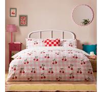 furn. Heya Home Cherry Gingham Duvet Set - Reversible Soft & Durable Polycotton Fruit Bedding (Pink - Single - 137x200cm)