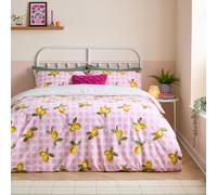 furn. Heya Home Gingham Lemons Duvet Cover Set - Reversible Soft & Durable Polycotton Fruit Bedding (Pink - Super King - 260x220cm)