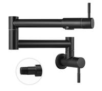 Heyalan Matte Black Pot Filler Wall Mount Folding Stretchable Kitchen Restaurant Sink Faucet Stainless Steel Potfiller with Double Joint Swing Arm Single Hole Two Handles Commercial NPT