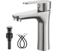 Heyalan Bathroom Faucet Single Handle 1 Hole SUS304 Stainless Steel Deck Mount Lavatory Single Switch Basin Sink Faucet with Pop Up Drain and Hot and Cold Water Mixer Brushed Nickle