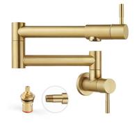 Heyalan Brushed Gold Pot Filler Faucet 19 Inch Folding Stretchable Wall Mount Kitchen Restaurant Faucet SUS304 Stainless Steel with Double Joint Swing Arm Single Hole Two Handles Commercial NPT