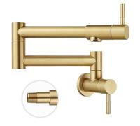 Heyalan Brushed Gold Pot Filler Faucet 19 Inch Folding Stretchable Wall Mount Kitchen Restaurant Faucet SUS304 Stainless Steel with Double Joint Swing Arm Single Hole Two Handles Commercial NPT