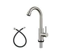 Cold Water Only Kitchen Faucet Brushed Nickel Single Handle 1 Hole 360 Degree Swivel Spout Deck Mount High Arc SUS304 Stainless Steel Sink Bar Tap Goose Neck with Hose(Drain Not Included)