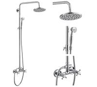 Heyalan Polish Chrome Dual Functions Exposed Pipe Shower System Round Rainfall 8 Inch Shower Head Brass Fixture Combo Set 2 Handles with Handheld Sprayer Bathroom Shower Faucet Adjustable Shower Bar