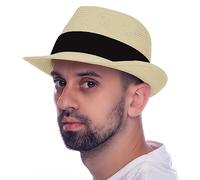 HEYANN Fedora Straw Trilby Hat, Panama Hat Summer Beach Sun Hats Floppy Unisex Straw Sunhat Packable Beach Hat for Men Women (Beige-XL)