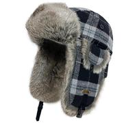 HEYANN Plaid Faux Fur Winter Trapper Hat for Men Women, Russian Mens Aviator Hat with Ear Flaps Russian Ushanka Trapper Hats Eskimo Soviet Pilot Hats Windproof Black-Grey