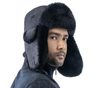 HEYANN Ushanka Black Winter Trapper Hats for Men, Russian Hat for Men Aviator Hat Fur Trapper Hats for Men with Ear Flaps Winter Trapper Hat Russian Hat (L/XL, Black-blacktatu)