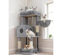 Heybly Cat Tree, 115 cm Cat Tower for Indoor Cats with Large Perch, All-in-One Cat Furniture with Cosy Bed, Hidden Space Cat Condo, Comfy Hammock, Scratching Posts & 3 Pom-poms, Light Gray HCT202SW