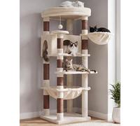 Heybly Cat Tree, 135cm Corner Stable Cat Tower for Large Indoor Cats, Well-Structured Cat Condo with Fan-Shaped Top Perch, Cozy Condo, Sturdy Base, Basket & Hammock, Beige HCT029MJ
