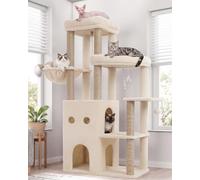 Heybly Cat Tree, 151cm Secure Anti-Tip Cat Tower for Large Cats HCT055G | Spacious Cat Furniture with Dual-Tier Cat Condo, 2 Top Perches, Hammock and Sisal Scratching Posts, Beige