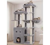 Heybly Cat Tree, 177cm Secure Anti-Tip Cat Tower for Large Cats HCT065W | Expansive Cat Furniture with Dual-Tier Cat Condo Villa, 2 Top Perches, Hammock & Full Sisal Scratching Posts, Light Gray