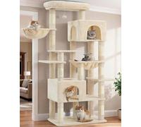 Heybly Cat Tree, 193cm Tall Heavy Duty Cat Tower for Big Cats with Extra Wide Baseboard, Multi-Level Large Cat Furniture with 2 Condos & 2 Hammocks, 10 Scratching Posts, Beige HCT039M
