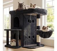 Heybly Cat Tree, 65cm Cat Tower with Spacious Top Perch for Large Cats, Stair-Style Cat House Furniture with Dual-Layer Condos, Sisal Scratching Posts, Cozy Basket & Pompom, Smoky Gray HCT204SG