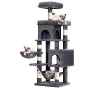 Heybly Cat Tree, Multi-Tier Scratching Post Climbing Tower 145 Centimeters Height, Equipped with Two Large Platforms, Large Hammer, Cat Bed, Light Grey HCT016G