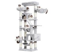 Heybly Cat Tree, Scratching Tower 180 cm, 2 Platforms, 2 Sleeping Huts, 2 Hammocks, Scratching Panel. Large Cat Furniture with Sleeping Place, Light Grey HCT034W