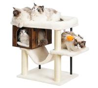 Heybly Cat Tree Tower, Wooden Cat Condo Cave for Indoor Kittens, Large Platform for Adult Cat, Big Padded Perch for Maine Coon, Furniture with 2 Sisal Posts, Hammocks, Ball, Rustic Brown HCT017SR