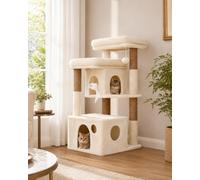 Heybly Cat Tree Wide Base Anti-Tipping Floor Cat Condo, HCT205SMJ | 2 Roomy Top Platforms Cat Tower with Dual Cat Condos, Scratching Posts & Toy Cat Furniture for Indoor Kittens, Beige