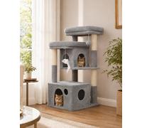 Heybly Cat Tree Wide Base Anti-Tipping Floor Cat Condo, HCT205SW | 2 Roomy Top Platforms Cat Tower with Dual Cat Condos, Scratching Posts & Toy Cat Furniture for Indoor Kittens, Light Gray