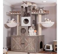 Heybly Cat Tree with Litter Box Enclosure for Indoor Big Cat, Cat Tower for Large Cats 20 lbs Heavy Duty, Modern Cat Condo Furniture with Scratching Posts, Rustic Gray HCT110SG