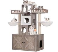 Heybly Cat Tree with Litter Box Enclosure for Indoor Big Cat, Cat Tower for Large Cats 20 lbs Heavy Duty, Modern Cat Condo Furniture with Scratching Posts, Rustic Gray HCT110SG