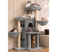 Heybly Cat Tree with Reinforced Big Base, 105 cm Sturdy Cat Tower HCT075W | Indoor Cat Furniture Featuring 2 Roomy Platforms, Double Condos, 2 Cozy Baskets, Full Sisal Scratching Posts, Light Gray