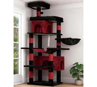 Heybly Gothic HCT036BR 178 cm High Cat Scratching Post for Indoor Cats, Multi-Tier Cat Scratching Post with 8 Scratching Posts, 2 Caves, 2 Platforms, Hammock, Basket, Plush Balls, Black + Red