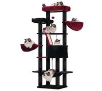 Heybly HCT025BR 173cm Tall Cat Tree with 16 Scratching Posts, 2 Large Platforms, 2 Baskets, Hammock, Cave, Plush Balls, Multi-tier Cat Scratching Post, Black + Red