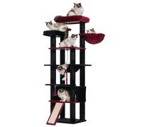 Heybly HCT033BR 200cm Tall Cat Tree with 11 Scratching Posts Large Platforms 2 Basket Hammock Cave Plush Balls Multi-tier Cat Scratching Post Black + Red