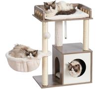 Heybly Modern Cat Tree, Wooden Cat Tower with 3 Scratching Posts, Cat Condo for Indoor Cats with Wood Cat Cave, Plush Perch, Basket, Pompom, Rustic Gray HCT007SSG