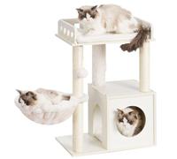 Heybly Modern Cat Tree, Wooden Cat Tower with 3 Scratching Posts, Cat Condo for Indoor Cats with Wood Cat Cave, Plush Perch, Basket, Pompom, White HCT007SWT