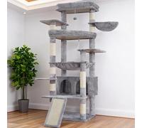 Heybly Tall Cat Tree for Large Cats, 202 cm Multi-Level Cat Tower for Indoor Cats with Large Baseboard, Condo Furniture with 2 Widened Plush Perches,Scratching Board and Big Caves, Light Grey HCT038W