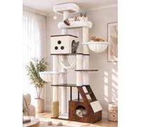 Heybly Wooden Cat Tree, 75" Cat Tower with Large Loft-Style Condo HCT123SR | Grooming Brush Cat Furniture with Side Scratch Area, Climb Stairs, Hammock, 2 Baskets, Dual Perches, Easy Clean, Rustic Brown