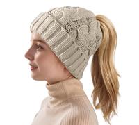 HeyCaps Ponytail Beanie for Women - Warm Cable Knit Ladies Winter Hats Messy High Bun Wooly Hat Beige