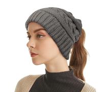 HeyCaps Ponytail Beanie for Women - Warm Cable Knit Ladies Winter Hats Messy High Bun Wooly Hat Grey