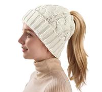 HeyCaps Ponytail Beanie for Women - Warm Cable Knit Ladies Winter Hats Messy High Bun Wooly Hat White