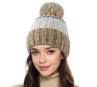 HeyCaps Winter Bobble Hat for Women - Thermal Fleece Lined Knitted Beanie Hats Ladies with Fur Pompom Khaki-Beige