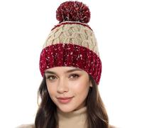 HeyCaps Winter Bobble Hat for Women - Thermal Fleece Lined Knitted Beanie Hats Ladies with Fur Pompom Red-Beige