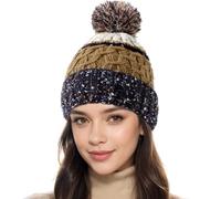 HeyCaps Winter Bobble Hat for Women - Thermal Fleece Lined Knitted Beanie Hats Ladies with Fur Pompom Brown-Beige