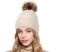 HeyCaps Winter Bobble Hat for Women - Thermal Fleece Lined Knitted Beanie Hats Ladies with Fur Pompom