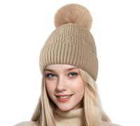 HeyCaps Winter Hats for Women - Warm Knitted Bobble Hat Fleece Lined Thermal Beanie Hats Ladies Soft Ski Cuff Cap with Pom Pom Khaki