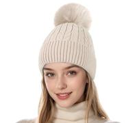 HeyCaps Winter Hats for Women - Warm Knitted Bobble Hat Fleece Lined Thermal Beanie Hats Ladies Soft Ski Cuff Cap with Pom Pom
