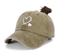 HeyCaps Women’s Ponytail Baseball Cap - Heart Embroidery Washed Adjustable Summer Sun Hat for Outdoor Travel Casual Wear Khaki