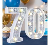 HEYCOLOR Silver Glitter Light up Numbers,8.86 Inch Marquee Number Lights for Baby Shower Birthday Wedding Anniversary Party Home Wall Decorations, Lighted Numbers as Gift for Girls Daughter, Number 70