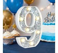 HEYCOLOR Silver Glitter Light up Numbers,8.86 Inch Marquee Number Lights for Baby Shower Birthday Wedding Anniversary Party Home Wall Decorations, Lighted Numbers as Gift for Girls Daughter, Number 9